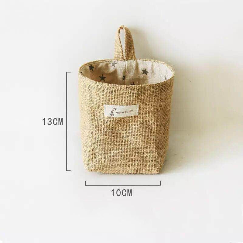 Jute Cotton Linen Bag Desktop Storage Basket Hanging Pocket Small Sack Sundries Storage Box With Handle Cosmetic Storage Bag - StorageandmoreStorage