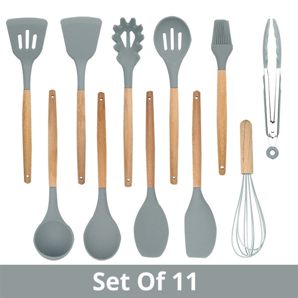 Silicone Cooking Utensils Kitchen Utensil Set - Non-stick Spatula Shovel Natural Acacia Wooden Handle Kitchen Tools - StorageandmoreStorage