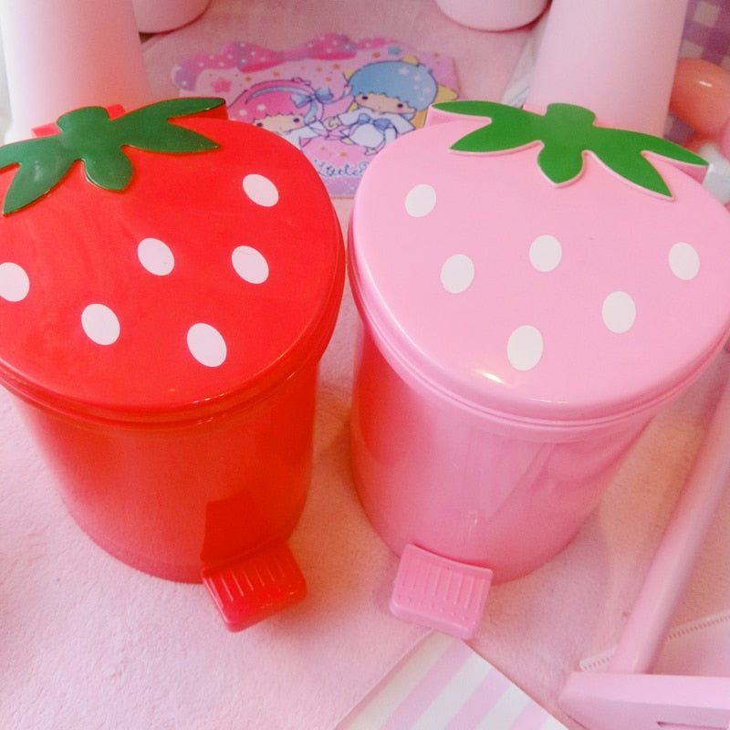 Cute Pink Red Strawberry Waste Bin Desktop Portable Plastic Mini Garbage Basket Home Bedroom Storage Bucket Trash Can With Lid - StorageandmoreStorage