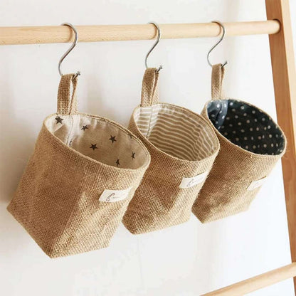 Jute Cotton Linen Bag Desktop Storage Basket Hanging Pocket Small Sack Sundries Storage Box With Handle Cosmetic Storage Bag - StorageandmoreStorage