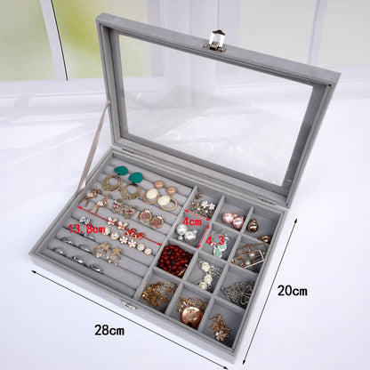 Velvet Glass Ring Earring Jewelry Display Organizer Box Tray Holder Storage Case - StorageandmoreStorage