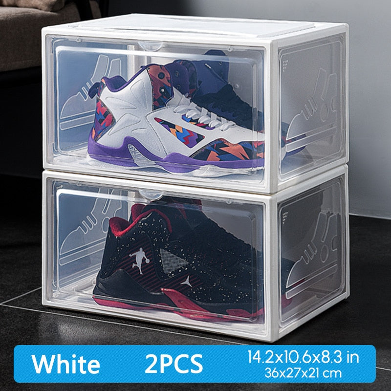 2Pack AJ Sneakers Box  Hardened Plastic Shoe Box  Stackable Cabinet Storage Box High-top Dustproof AJ Shoes Organizers Shoe Rack - StorageandmoreStorage