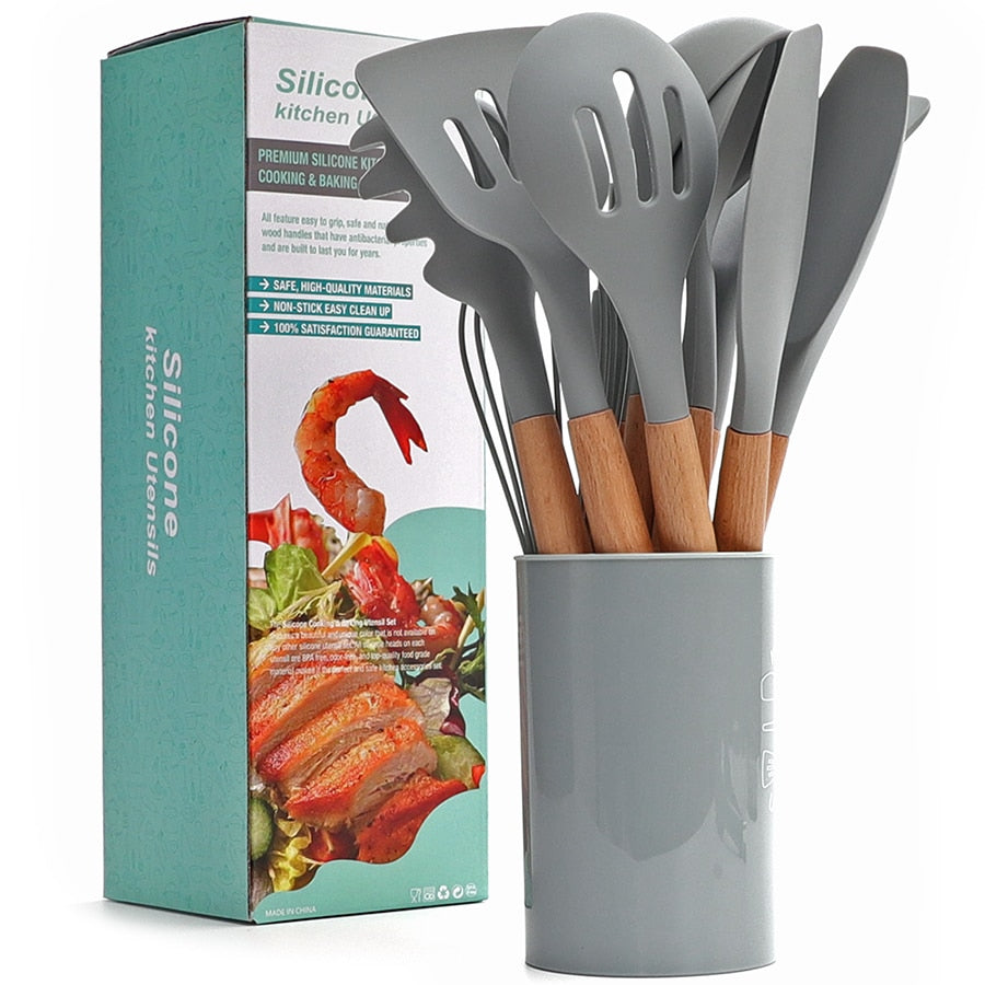 Silicone Cooking Utensils Kitchen Utensil Set - Non-stick Spatula Shovel Natural Acacia Wooden Handle Kitchen Tools - StorageandmoreStorage