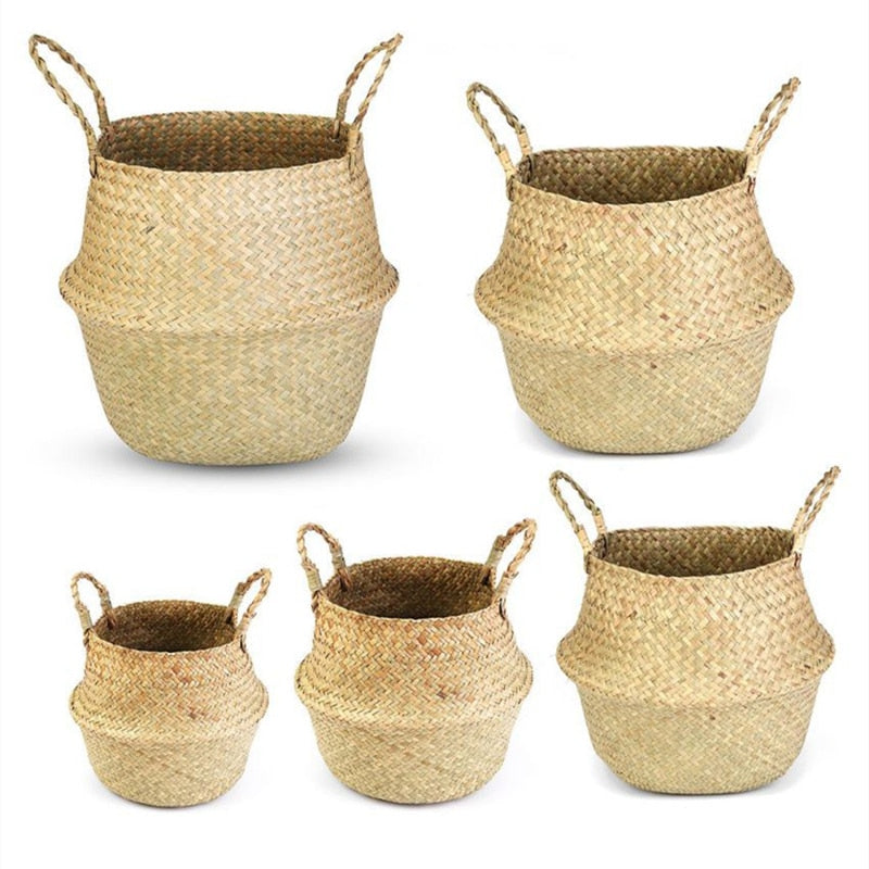 Storage-Baskets Natural Seagrass Belly Baskets Laundry Basket Decorative Flower Pot Cover Closet Storage Bin Organizer - StorageandmoreStorage