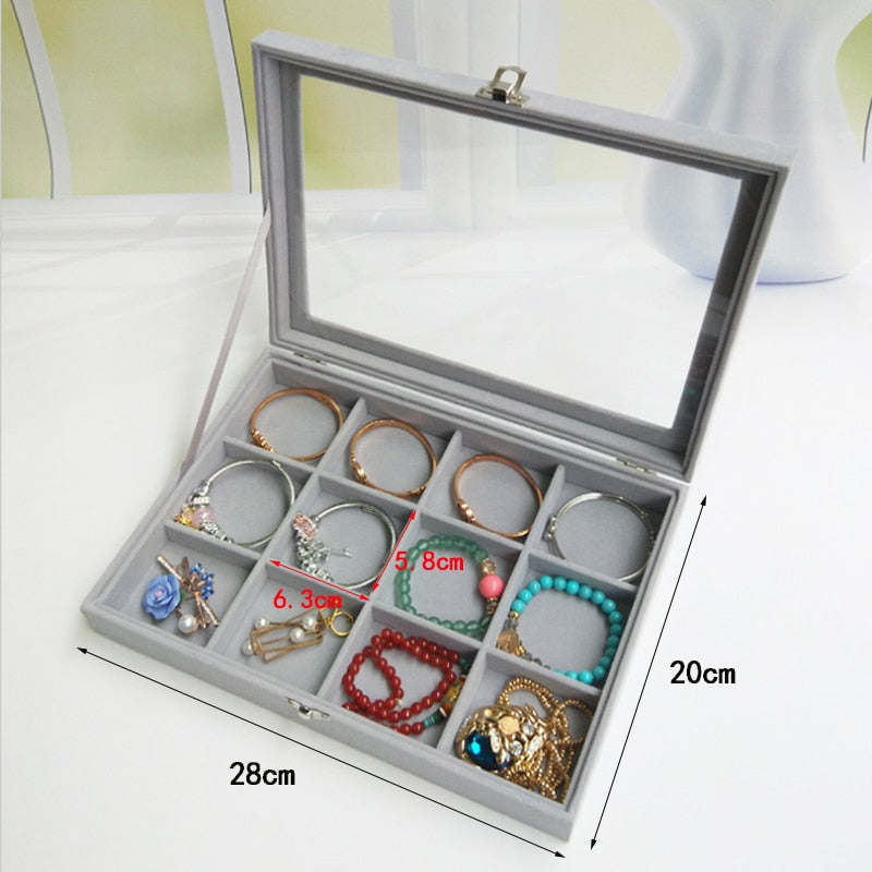 Velvet Glass Ring Earring Jewelry Display Organizer Box Tray Holder Storage Case - StorageandmoreStorage