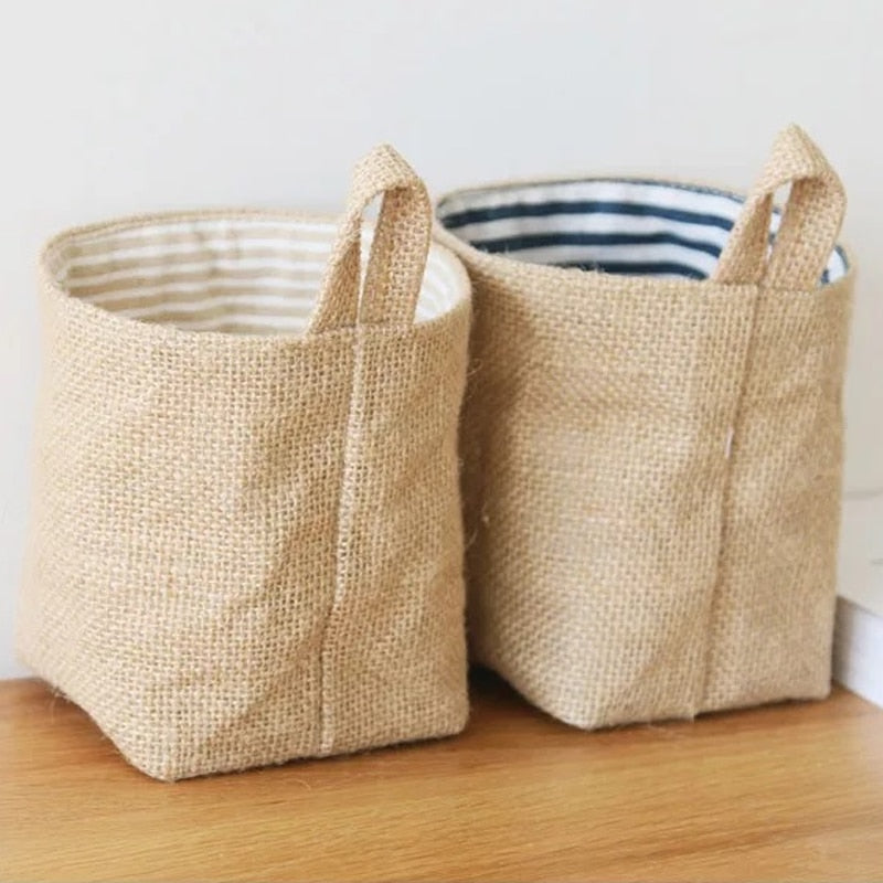 Jute Cotton Linen Bag Desktop Storage Basket Hanging Pocket Small Sack Sundries Storage Box With Handle Cosmetic Storage Bag - StorageandmoreStorage