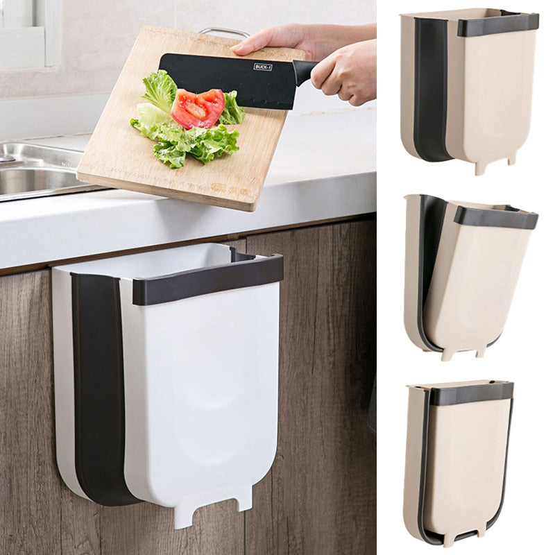 9L Wall Mounted Folding Waste Bin Kitchen Cabinet Door Hanging Trash Bin Car Garbage Trash Can for Bathroom Toilet Waste Storage - StorageandmoreStorage