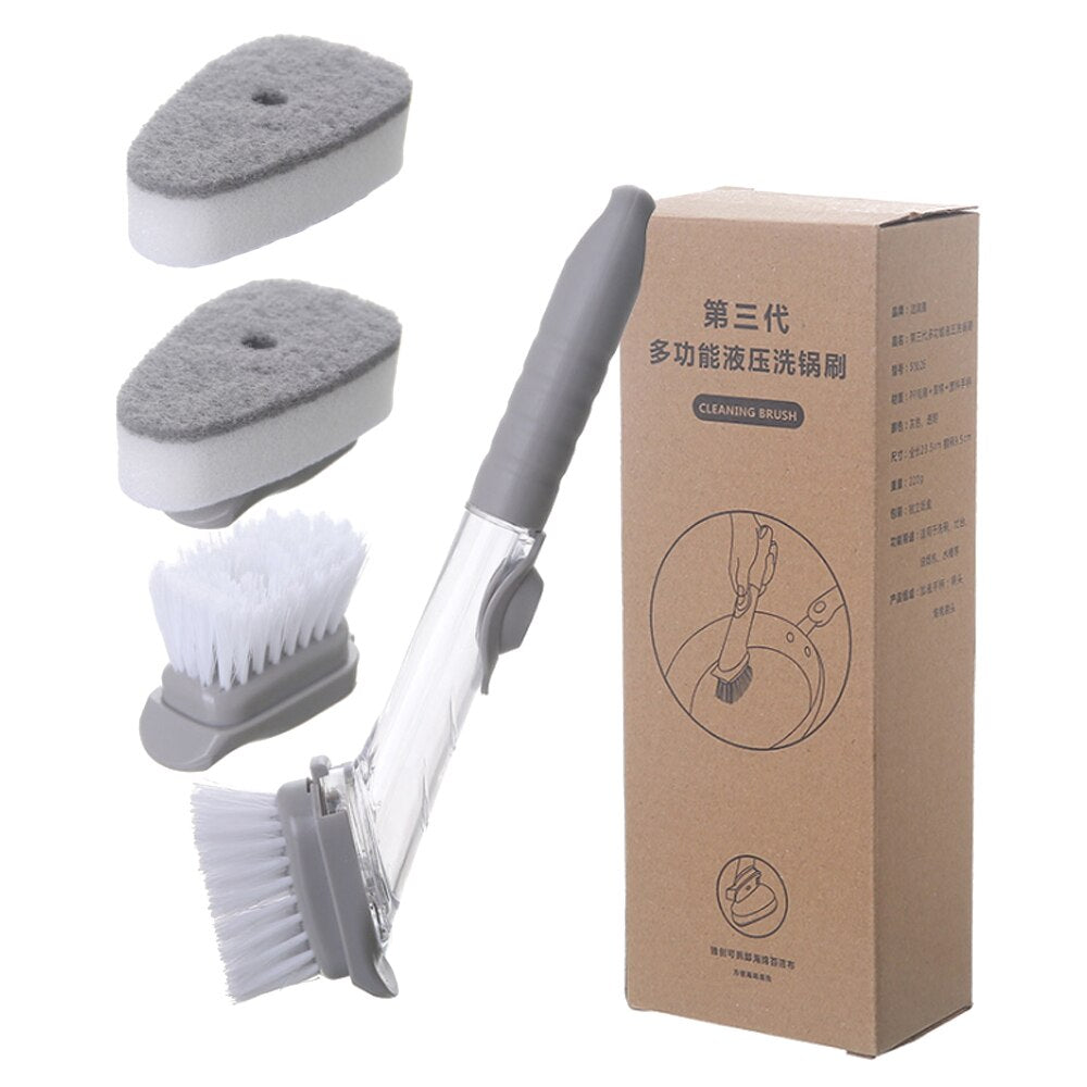 Dishwashing Device Kitchen Cleaning Brush 2 Brush Head 2 Sponge Automatic Plus Detergent Brush Long Handle Hydraulic Wash Pot - StorageandmoreStorage