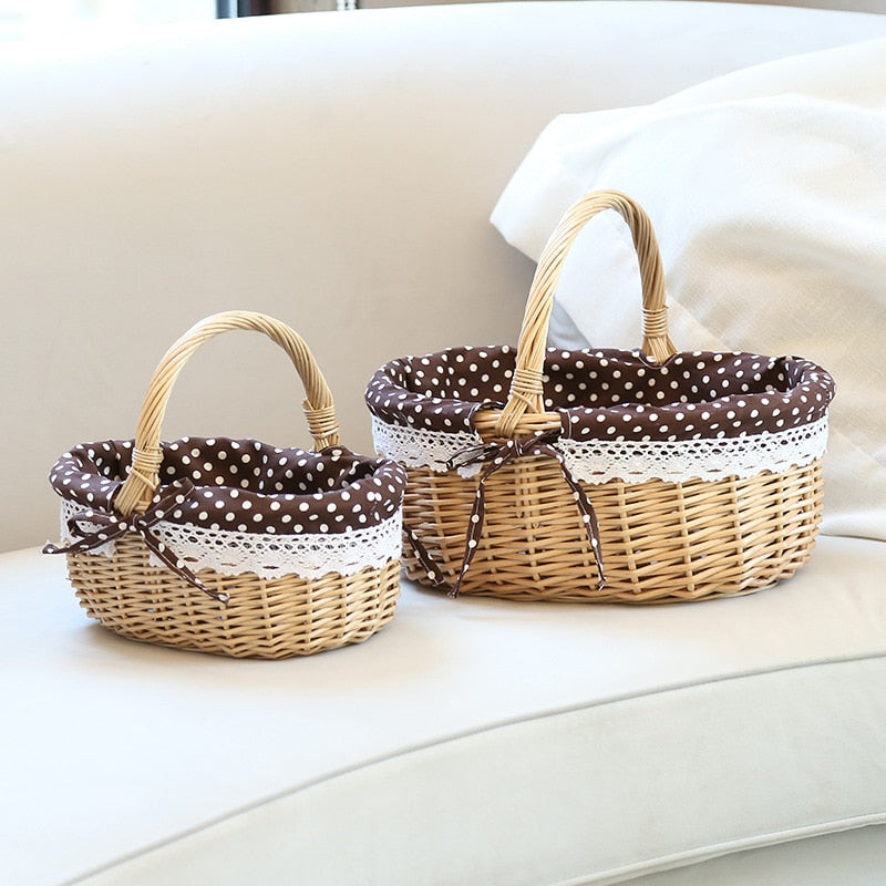 Handmade Wicker Basket With Handle For Camping Picnic Fruit Rattan Basket Food Sundry Container Storage Hamper Home Organizer - StorageandmoreStorage