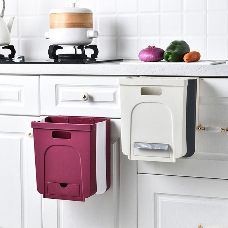 Wall Mounted Folding Waste Bin Kitchen Cabinet Door Hanging Trash Bin Garbage Car Trash Can Wall Mounted Foldable Cleaning - StorageandmoreStorage