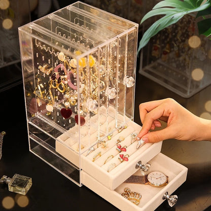 Portable Earrings Ring Display Stand Shelf Dustproof Acrylic Jewelry Storage Box Drawer Women Necklace Bracelet Organizer Case - StorageandmoreStorage