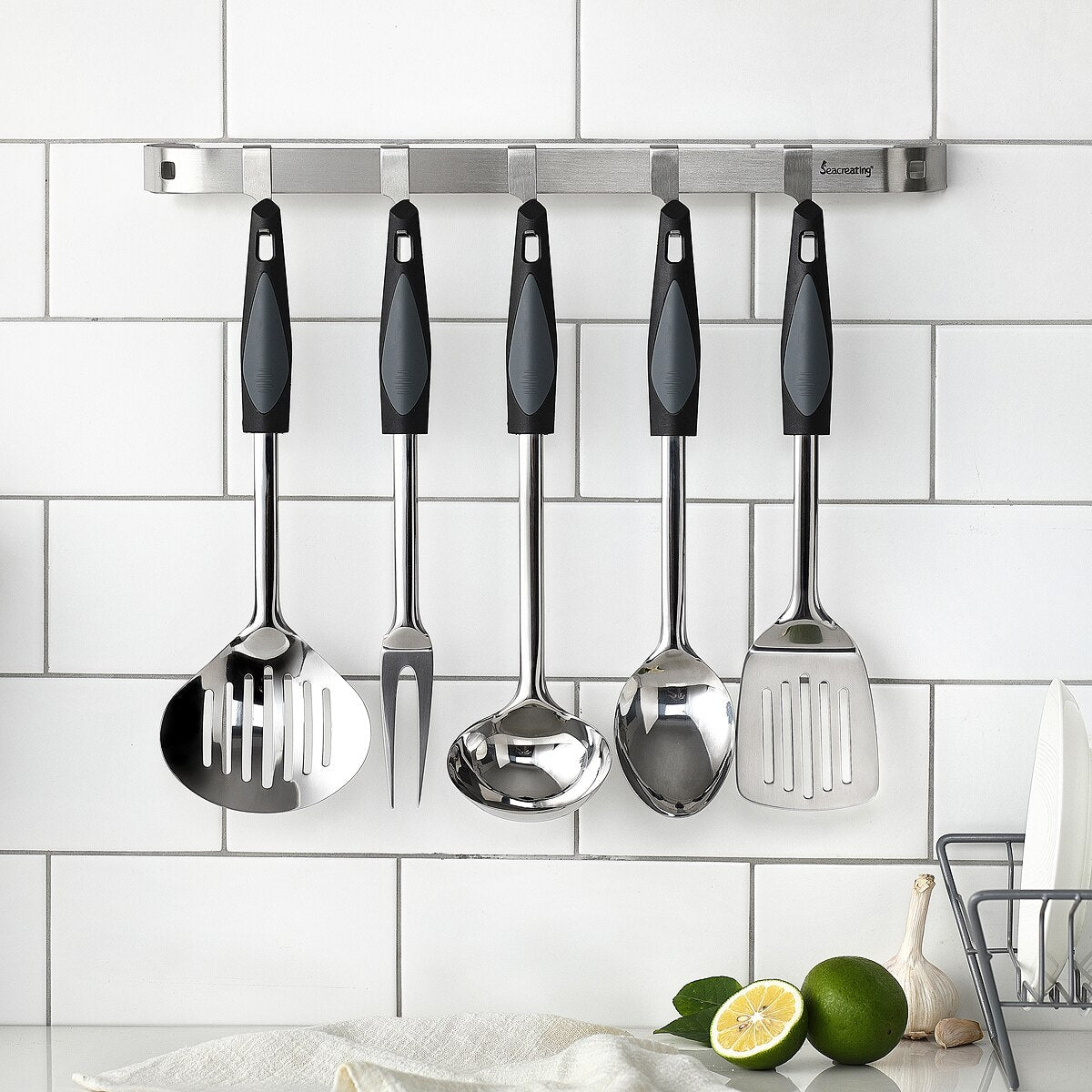 Seacreating 46CM Home Storage Kitchen Rail with 5 Hooks Wall Mounted Wrought Stainless Steel Hanging Utensil Holder Rack - StorageandmoreStorage