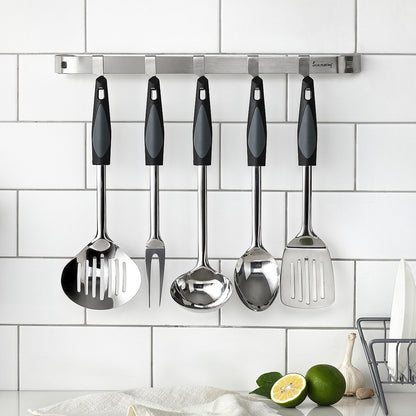 Seacreating 46CM Home Storage Kitchen Rail with 5 Hooks Wall Mounted Wrought Stainless Steel Hanging Utensil Holder Rack - StorageandmoreStorage