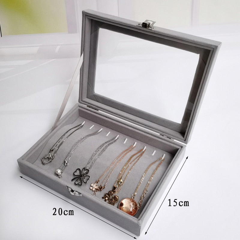 Velvet Glass Ring Earring Jewelry Display Organizer Box Tray Holder Storage Case - StorageandmoreStorage