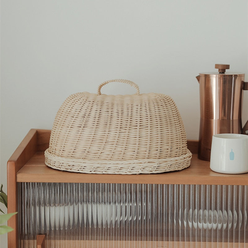 Rattan Basket Bread Basket White Rattan Storage Baskets Fruit Dust Proof Cover Pantry Organizer Kitchen Storage - StorageandmoreStorage