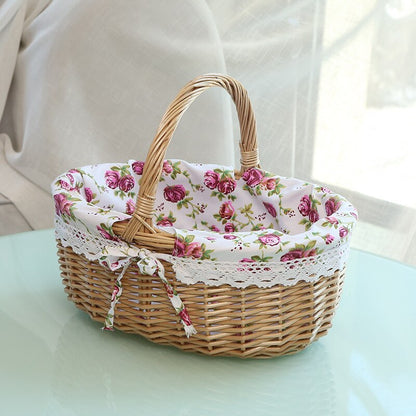 Handmade Wicker Basket With Handle For Camping Picnic Fruit Rattan Basket Food Sundry Container Storage Hamper Home Organizer - StorageandmoreStorage