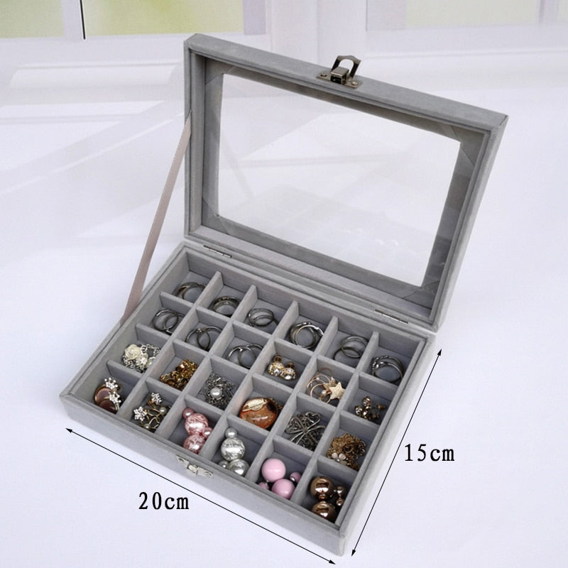 Velvet Glass Ring Earring Jewelry Display Organizer Box Tray Holder Storage Case - StorageandmoreStorage