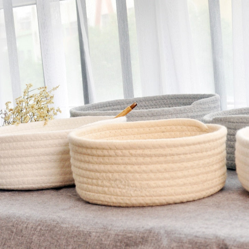 1Pc Hand Woven Baskets Laundry Basket Storage Office Sundries Handmade Knitting Cotton Hamper Round & Boat Small Large Orgenizer - StorageandmoreStorage