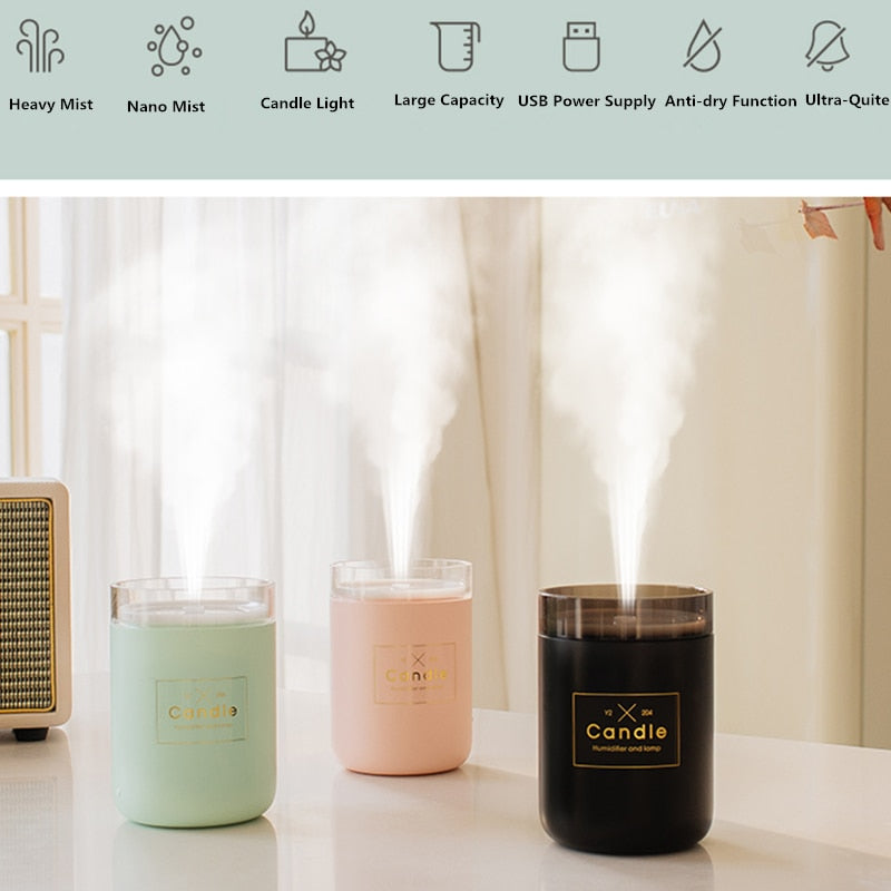 Candle Air Humidifier Portable Ultrasonic Silent Large Capacity USB Aroma Essential Oil Diffuser Home Car Office Purify Anion - StorageandmoreStorage