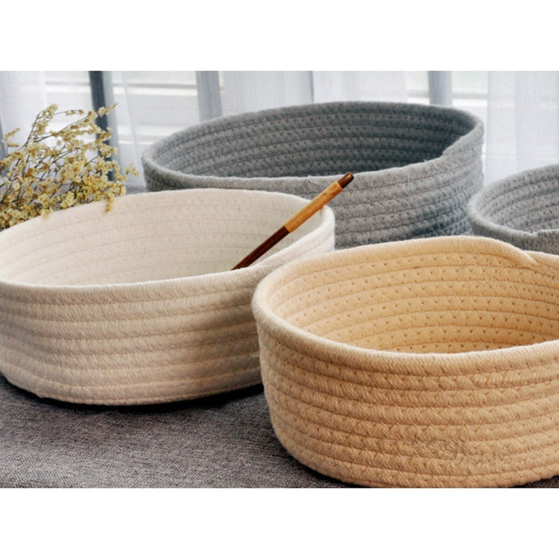 1Pc Hand Woven Baskets Laundry Basket Storage Office Sundries Handmade Knitting Cotton Hamper Round & Boat Small Large Orgenizer - StorageandmoreStorage