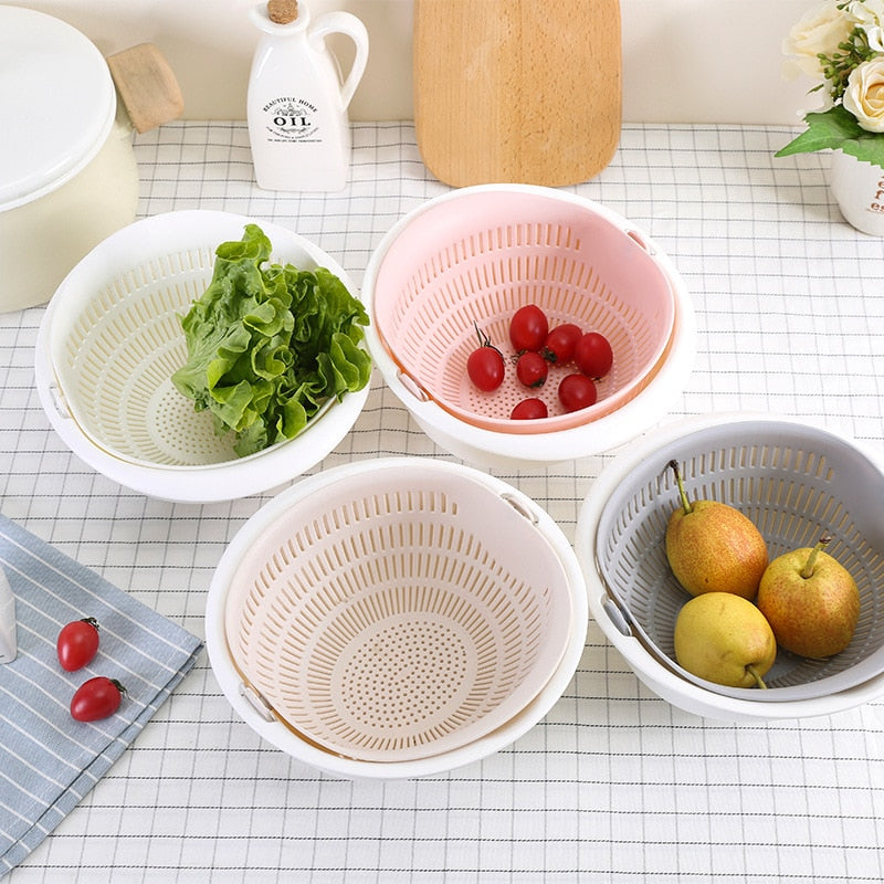 Kitchen Silicone Double Drain Basket Bowl Washing Storage Basket Strainers Bowls Drainer Vegetable Cleaning Colander Tool - StorageandmoreStorage