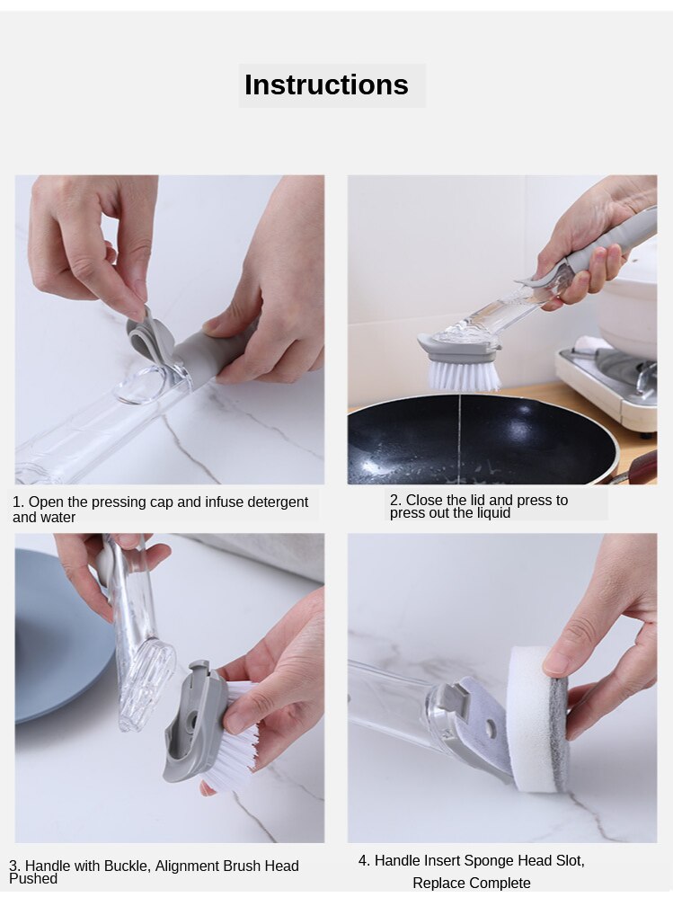 Dishwashing Device Kitchen Cleaning Brush 2 Brush Head 2 Sponge Automatic Plus Detergent Brush Long Handle Hydraulic Wash Pot - StorageandmoreStorage