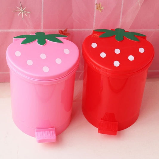 Cute Pink Red Strawberry Waste Bin Desktop Portable Plastic Mini Garbage Basket Home Bedroom Storage Bucket Trash Can With Lid - StorageandmoreStorage