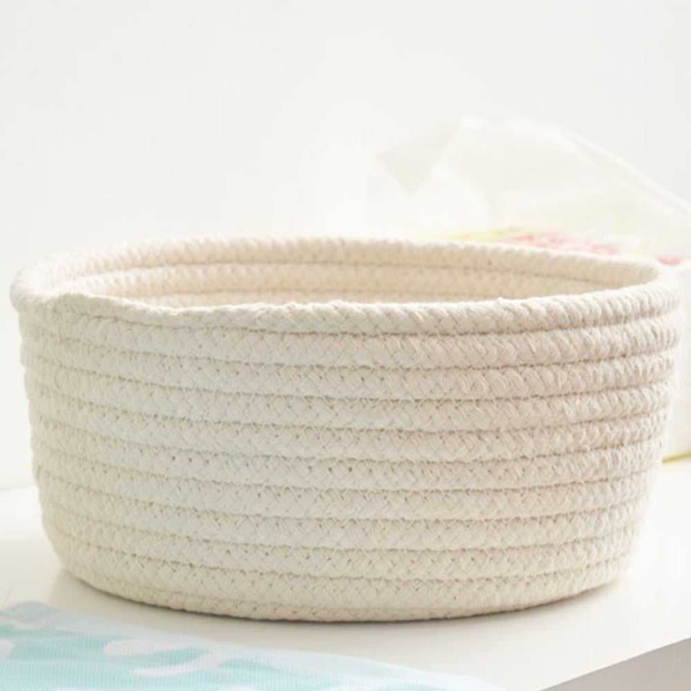 Hand-woven Basket Knitting Cotton Hamper Round Storage Plate Organizer for Bedside Tabletop Snacks Sundries Key Cosmetics - StorageandmoreStorage