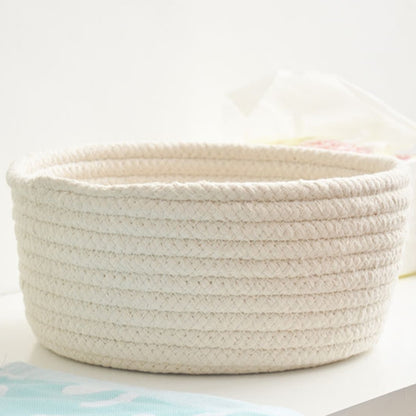 Hand-woven Basket Knitting Cotton Hamper Round Storage Plate Organizer for Bedside Tabletop Snacks Sundries Key Cosmetics - StorageandmoreStorage