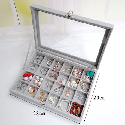 Velvet Glass Ring Earring Jewelry Display Organizer Box Tray Holder Storage Case - StorageandmoreStorage