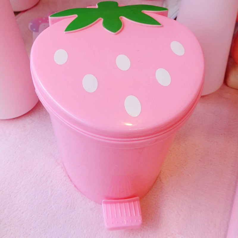 Cute Pink Red Strawberry Waste Bin Desktop Portable Plastic Mini Garbage Basket Home Bedroom Storage Bucket Trash Can With Lid - StorageandmoreStorage