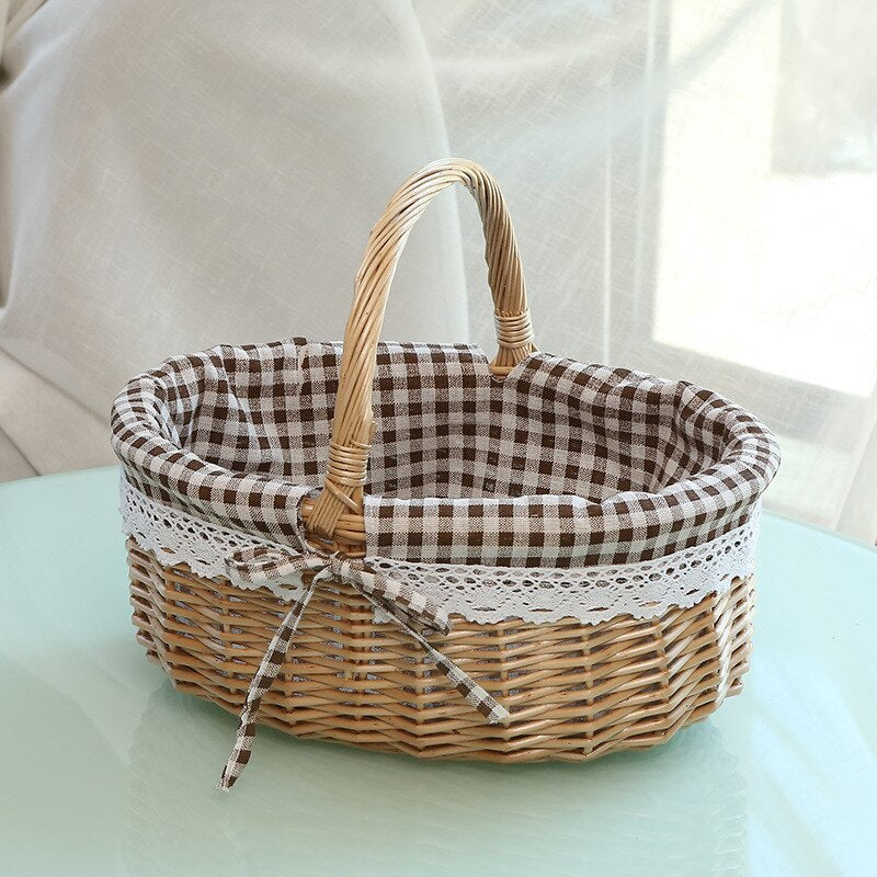 Handmade Wicker Basket With Handle For Camping Picnic Fruit Rattan Basket Food Sundry Container Storage Hamper Home Organizer - StorageandmoreStorage