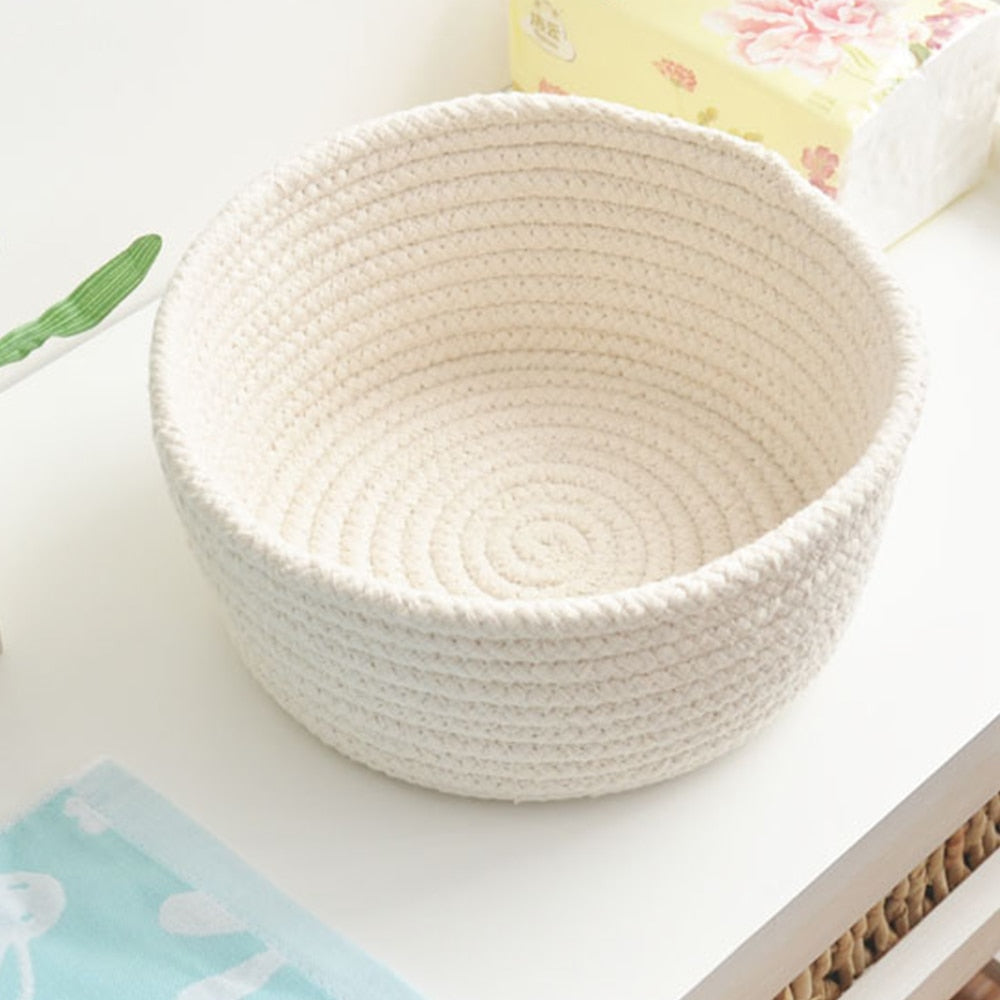 Hand-woven Basket Knitting Cotton Hamper Round Storage Plate Organizer for Bedside Tabletop Snacks Sundries Key Cosmetics - StorageandmoreStorage