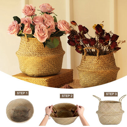 LuanQI Wicker Basket Toy Organizer Folding Rattan Seagrass Storage Basket Laundry Woven Basket Plant Flower Pot For Home Garden - StorageandmoreStorage