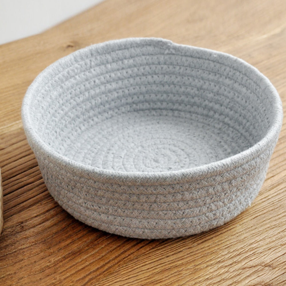 Hand-woven Basket Knitting Cotton Hamper Round Storage Plate Organizer for Bedside Tabletop Snacks Sundries Key Cosmetics - StorageandmoreStorage