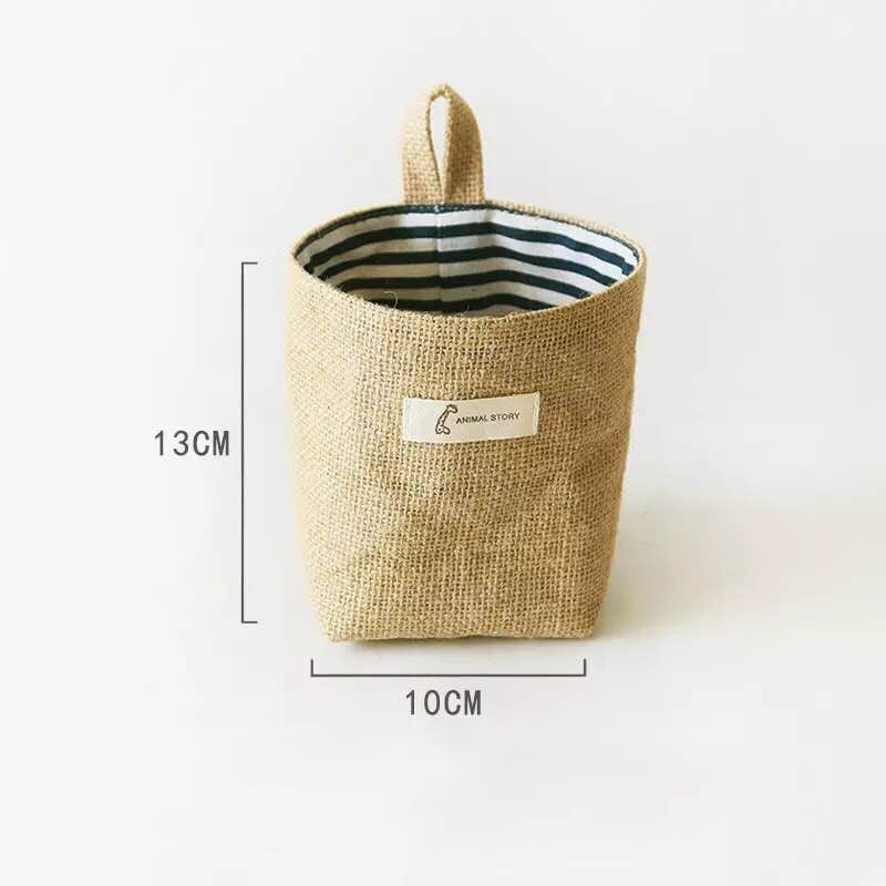 Jute Cotton Linen Bag Desktop Storage Basket Hanging Pocket Small Sack Sundries Storage Box With Handle Cosmetic Storage Bag - StorageandmoreStorage