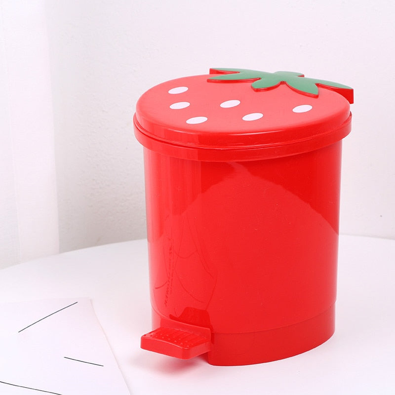 Cute Pink Red Strawberry Waste Bin Desktop Portable Plastic Mini Garbage Basket Home Bedroom Storage Bucket Trash Can With Lid - StorageandmoreStorage