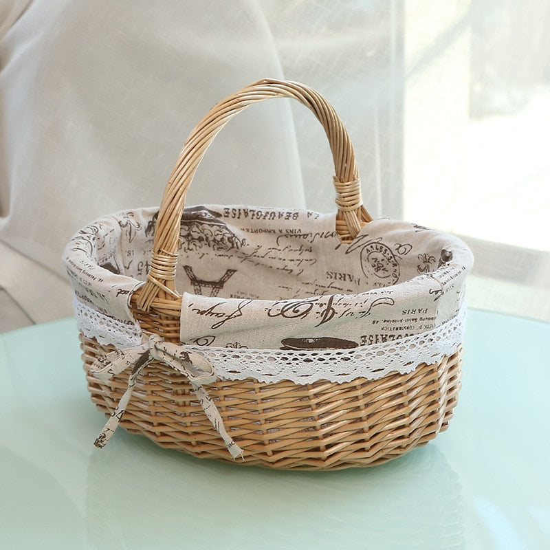 Handmade Wicker Basket With Handle For Camping Picnic Fruit Rattan Basket Food Sundry Container Storage Hamper Home Organizer - StorageandmoreStorage