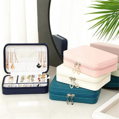 WE Portable PU Leather Zipper Jewelry Box with Mirror Travel Jewelry Organizer Multifunction Necklace Earring Ring Storage Box - StorageandmoreStorage