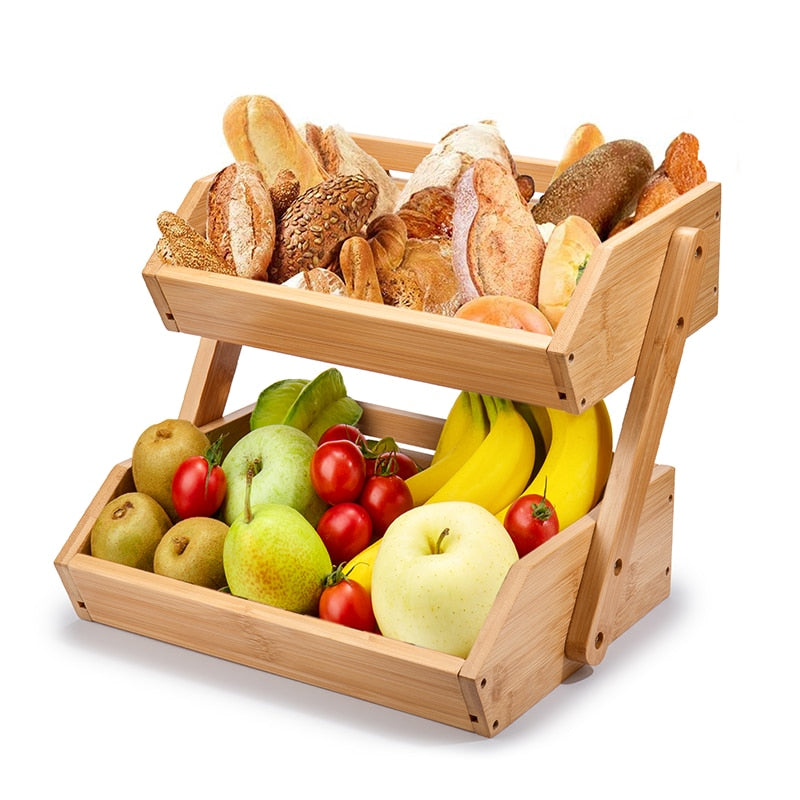 Fruit Basket 2 Tire Bamboo Storage Shelf Breathable Removable Food Container Kitchen Fresh Fruit Vegetable Accessories - StorageandmoreStorage