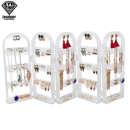 2/3/4 Fans Panels Screen Folding Clear Earrings Studs Display Rack Necklace Jewelry Shelf Stand Holder Organizer Storage Box - StorageandmoreStorage