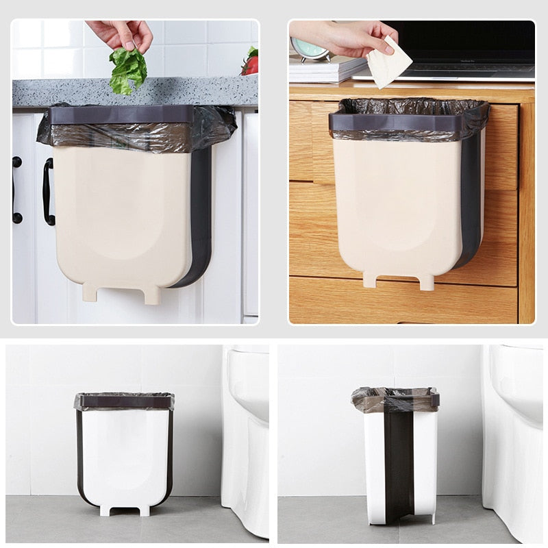 9L Wall Mounted Folding Waste Bin Kitchen Cabinet Door Hanging Trash Bin Car Garbage Trash Can for Bathroom Toilet Waste Storage - StorageandmoreStorage