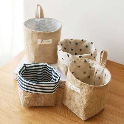 Jute Cotton Linen Bag Desktop Storage Basket Hanging Pocket Small Sack Sundries Storage Box With Handle Cosmetic Storage Bag - StorageandmoreStorage