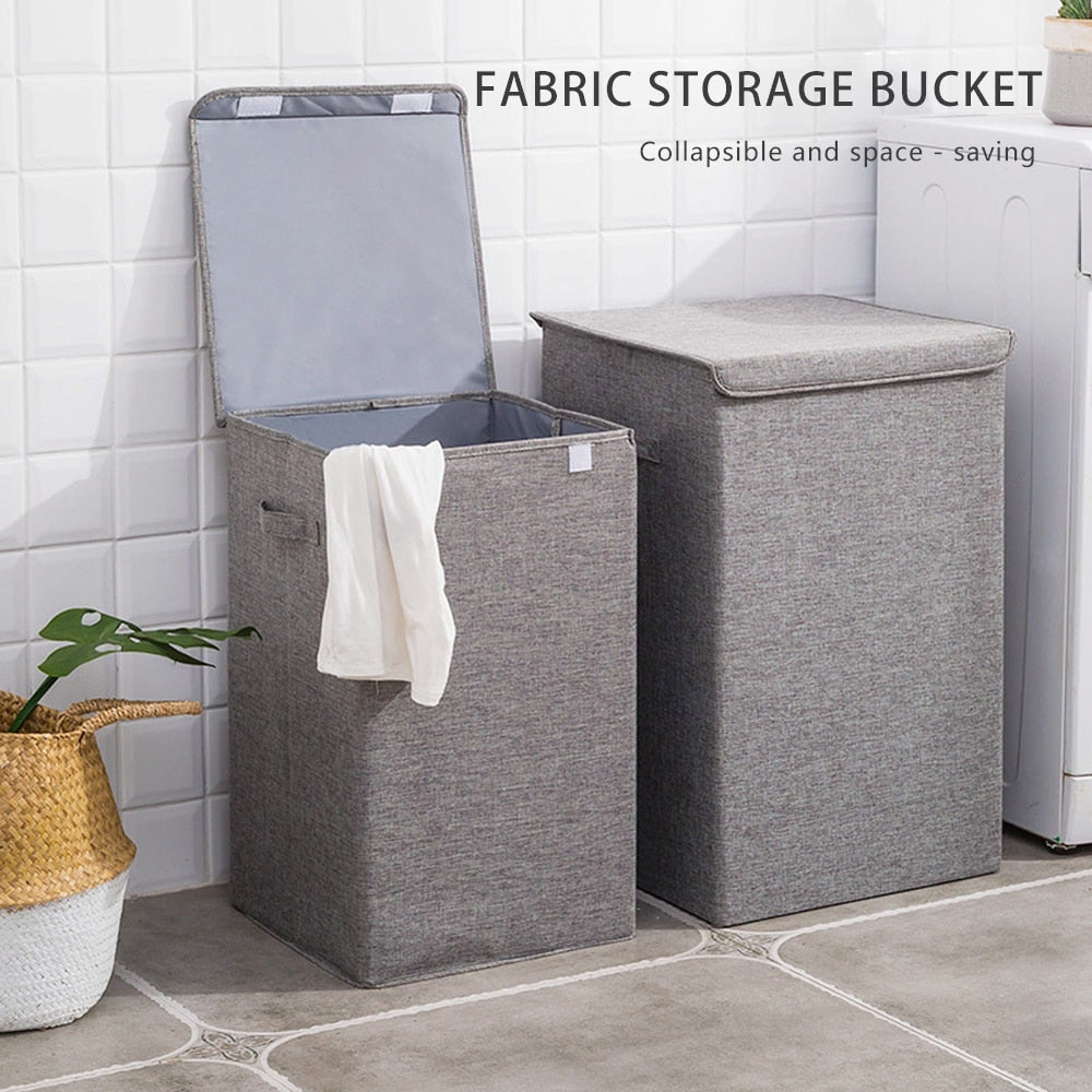 With Cover Cotton Linen Folding Laundry Hamper Large Storage Waterproof Dirty Clothes Bucket Home Laundry Basket Storage Basket - StorageandmoreStorage