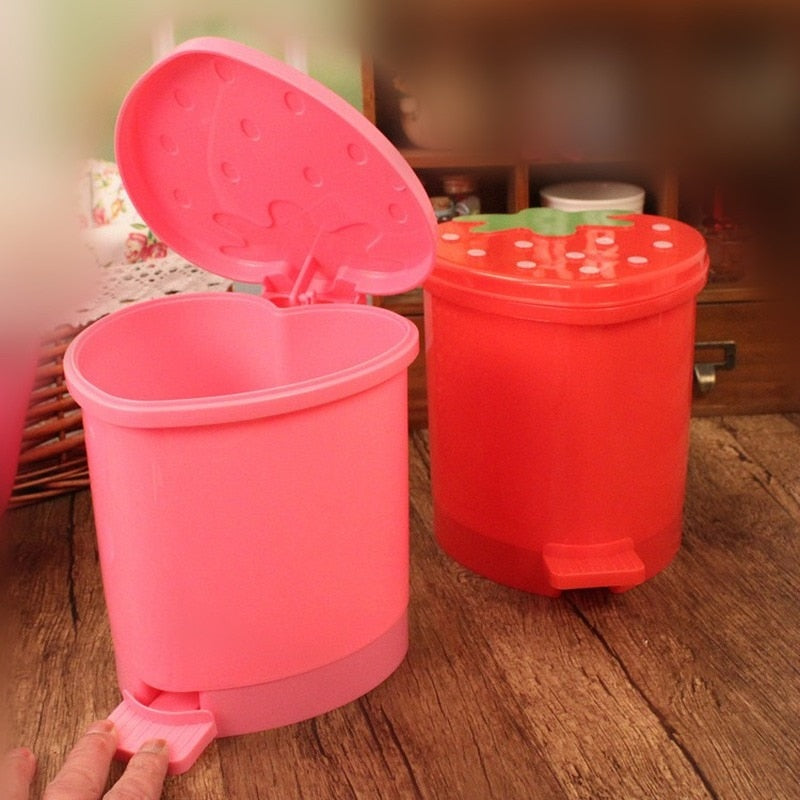 Cute Pink Red Strawberry Waste Bin Desktop Portable Plastic Mini Garbage Basket Home Bedroom Storage Bucket Trash Can With Lid - StorageandmoreStorage