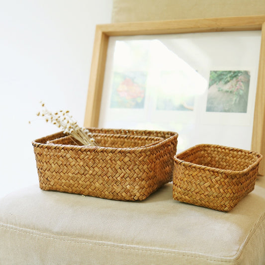 Weaving Storage Basket Rattan Fruit Storage Box Handmade Tea Holder Seagrass Picnic Basket Wickerwork Cosmetics Organizer - StorageandmoreStorage