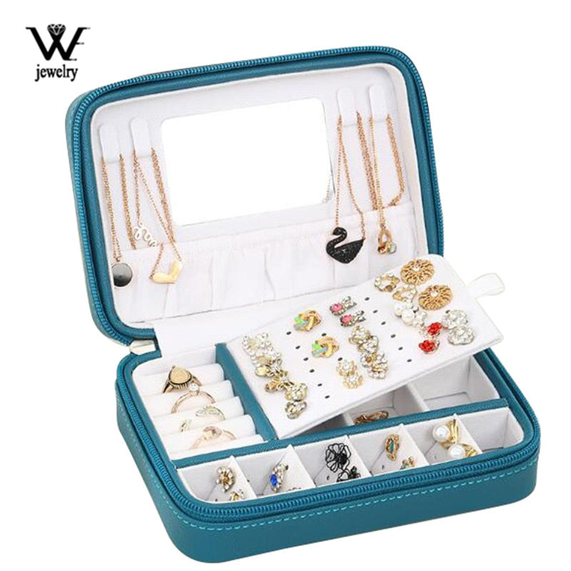 WE Portable PU Leather Zipper Jewelry Box with Mirror Travel Jewelry Organizer Multifunction Necklace Earring Ring Storage Box - StorageandmoreStorage