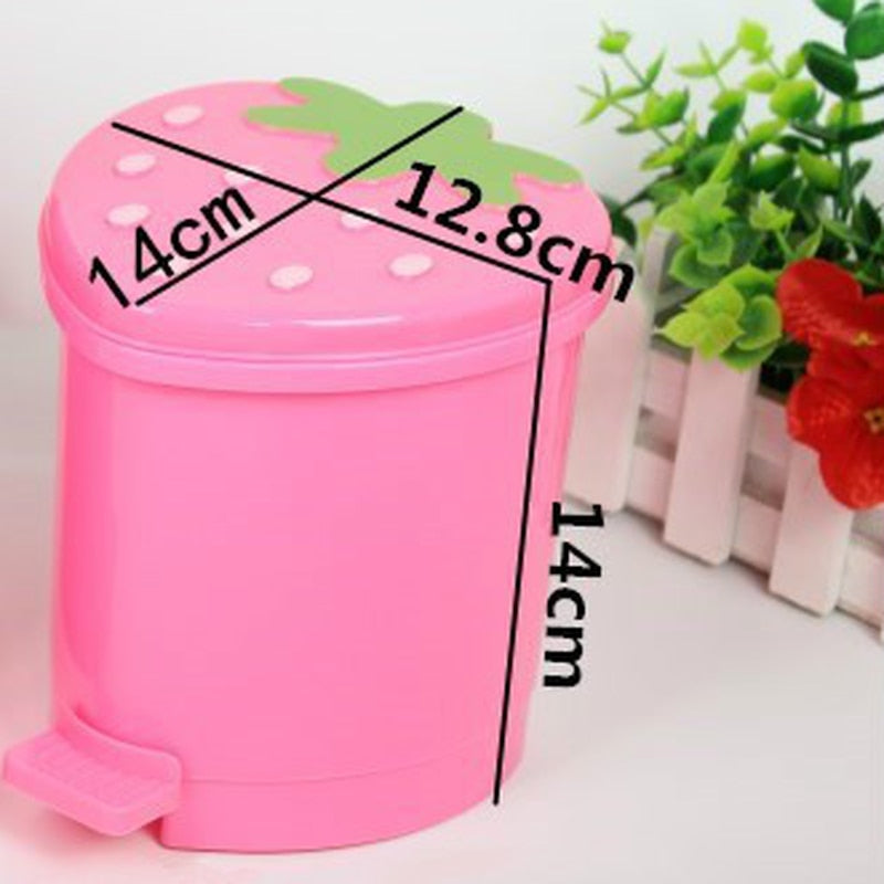 Cute Pink Red Strawberry Waste Bin Desktop Portable Plastic Mini Garbage Basket Home Bedroom Storage Bucket Trash Can With Lid - StorageandmoreStorage