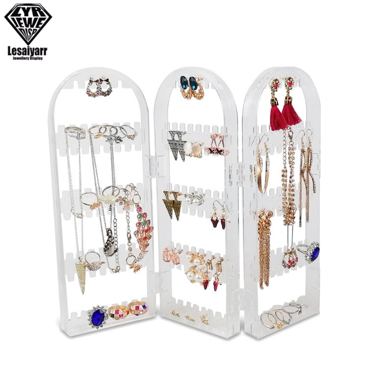 2/3/4 Fans Panels Screen Folding Clear Earrings Studs Display Rack Necklace Jewelry Shelf Stand Holder Organizer Storage Box - StorageandmoreStorage