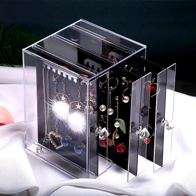 Portable Earrings Ring Display Stand Shelf Dustproof Acrylic Jewelry Storage Box Drawer Women Necklace Bracelet Organizer Case - StorageandmoreStorage